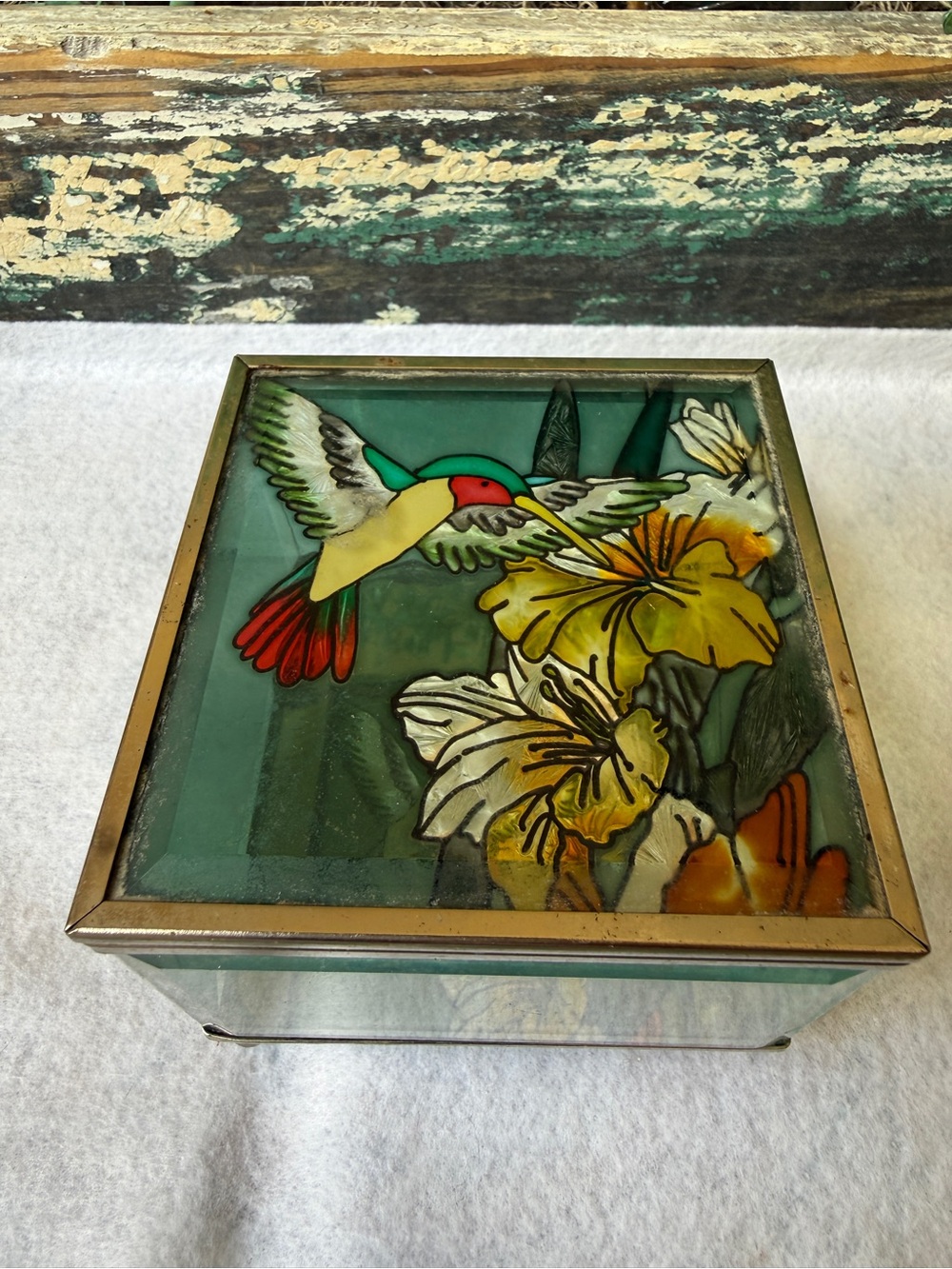Hummingbird Floral Glass Jewelry Trinket Box Mirrored Gold Tone Vintage